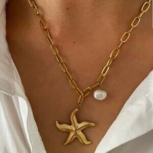 Gold Starfish Pearl Pendant Necklace | Coastal Cowgirl Beachcore Summer Necklace